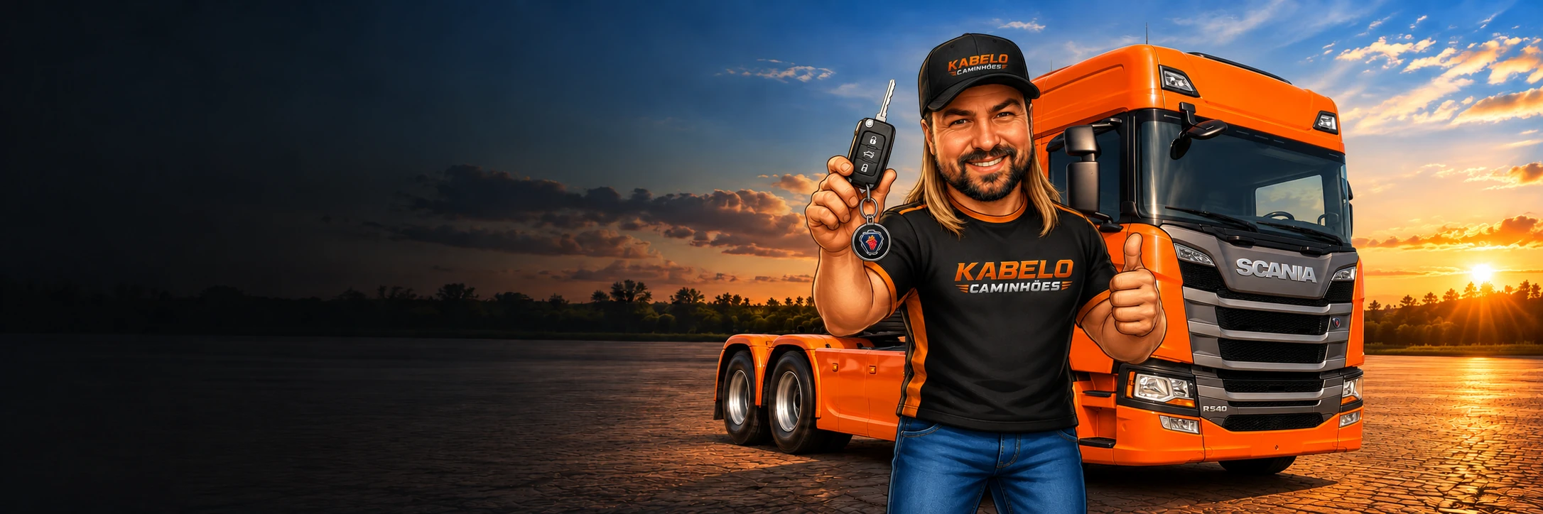 Personagem da Kabelo à frente do Scania laranja de três eixos