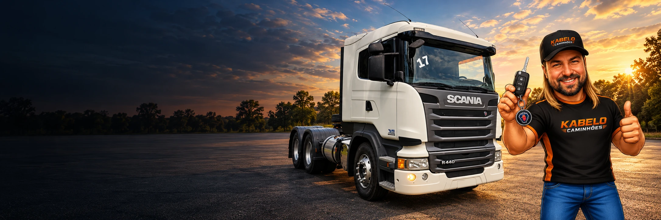 Scania claro com frente prata e personagem da Kabelo no pátio