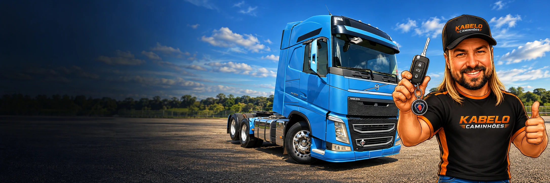 Volvo azul e personagem da Kabelo no pátio